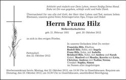 Traueranzeige Franz Hilz