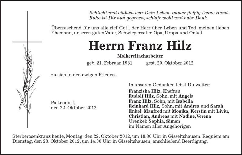 Traueranzeige Franz Hilz