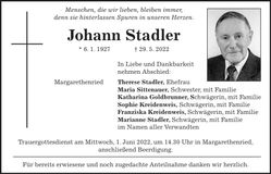 Traueranzeige Johann Stadler