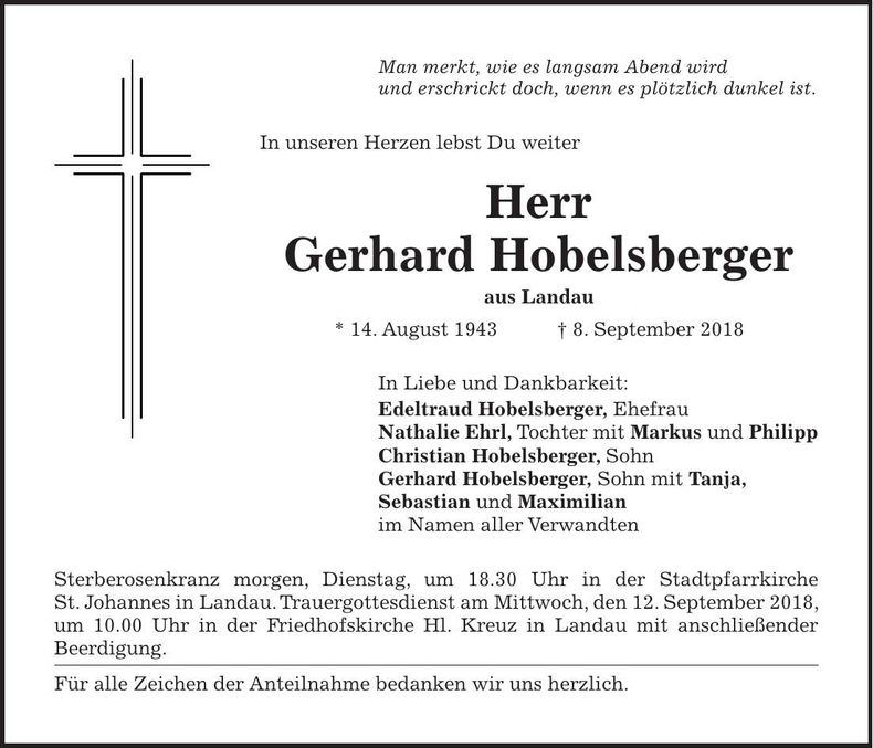 Traueranzeige Gerhard Hobelsberger