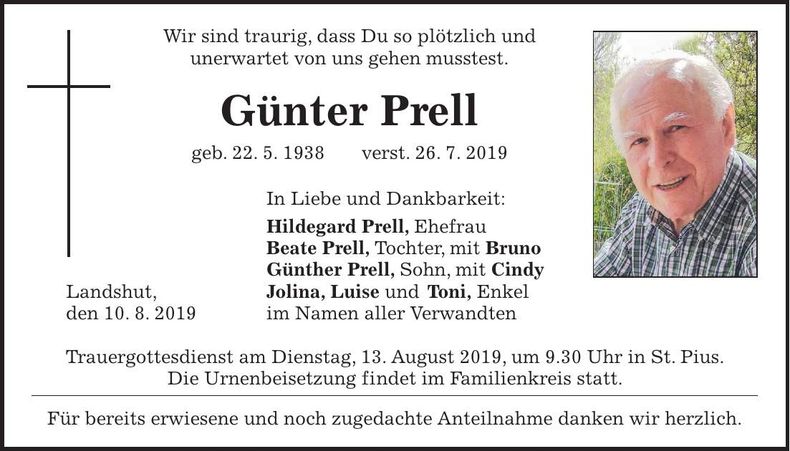 Traueranzeige Günter Prell