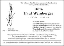 Traueranzeige Paul Weinberger