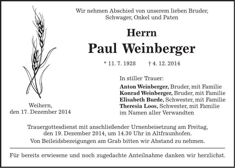 Traueranzeige Paul Weinberger