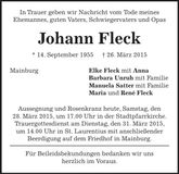Traueranzeige Johann Fleck