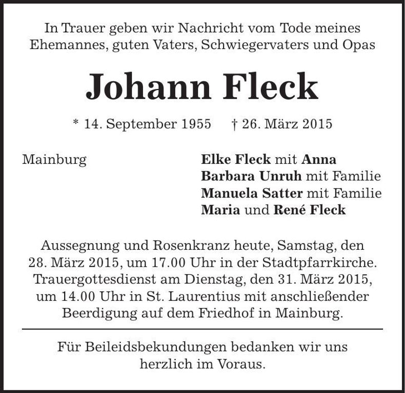 Traueranzeige Johann Fleck