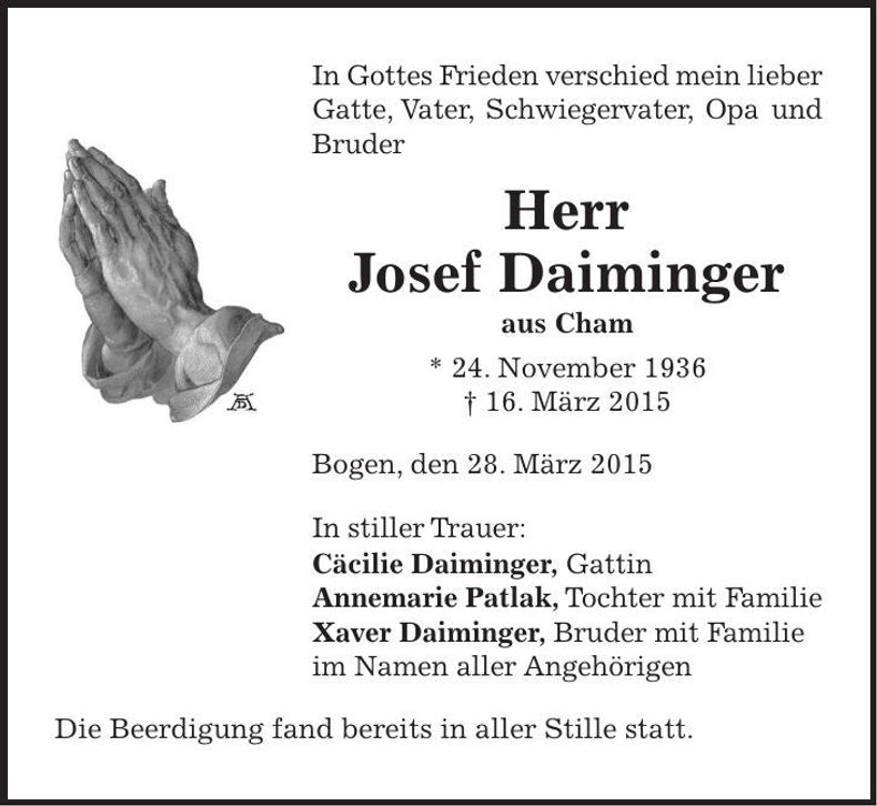 Traueranzeige Josef Daiminger