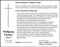 Traueranzeige Wolfgang Fischer