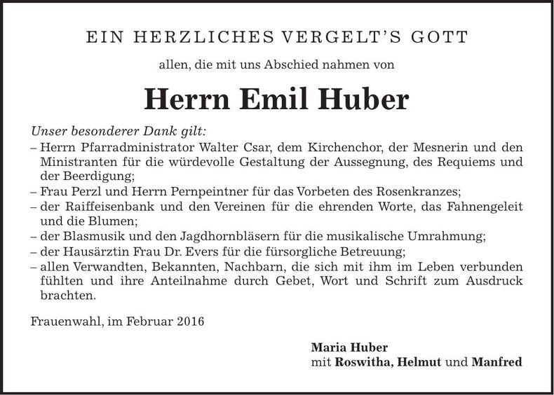 Traueranzeige Emil Huber
