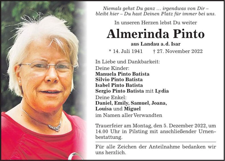 Traueranzeige Almerinda Pinto
