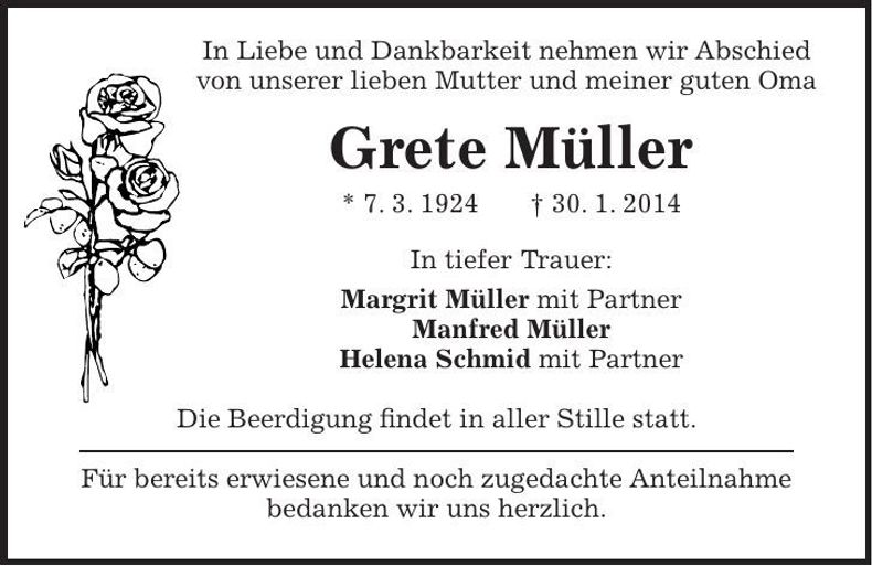 Traueranzeige Grete Müller