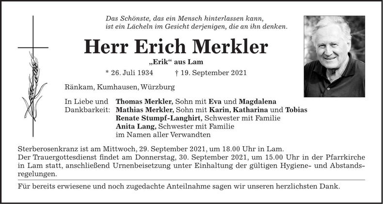 Traueranzeige Erich Merkler