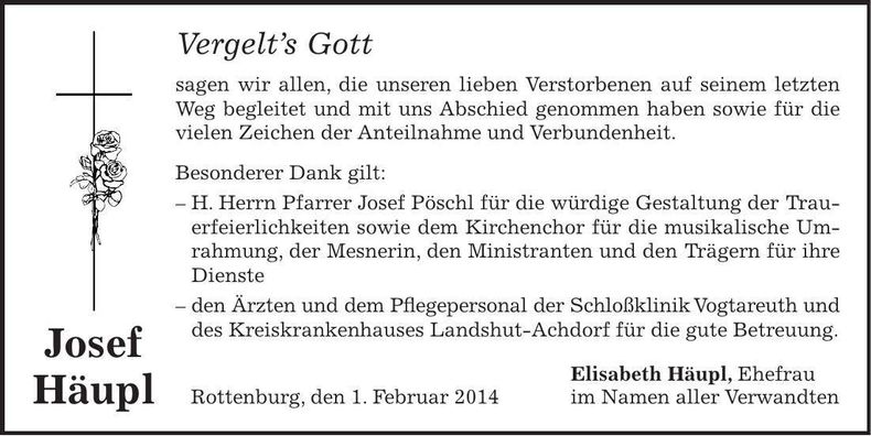 Traueranzeige Josef Häupl
