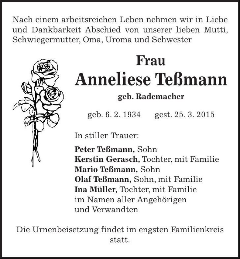 Traueranzeige Anneliese Teßmann