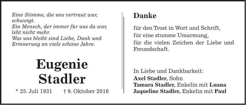 Traueranzeige Eugenie Stadler