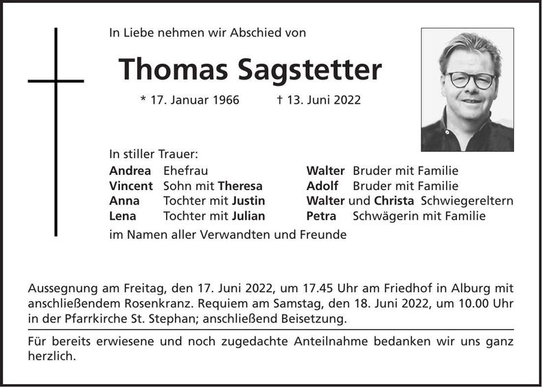 Traueranzeige Thomas Sagstetter