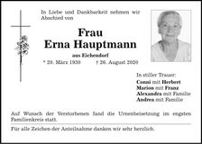 Traueranzeige Erna Hauptmann