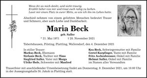 Traueranzeige Maria Beck