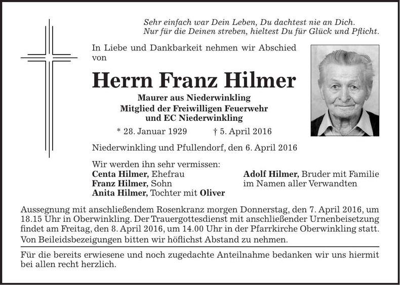 Traueranzeige Franz Hilmer