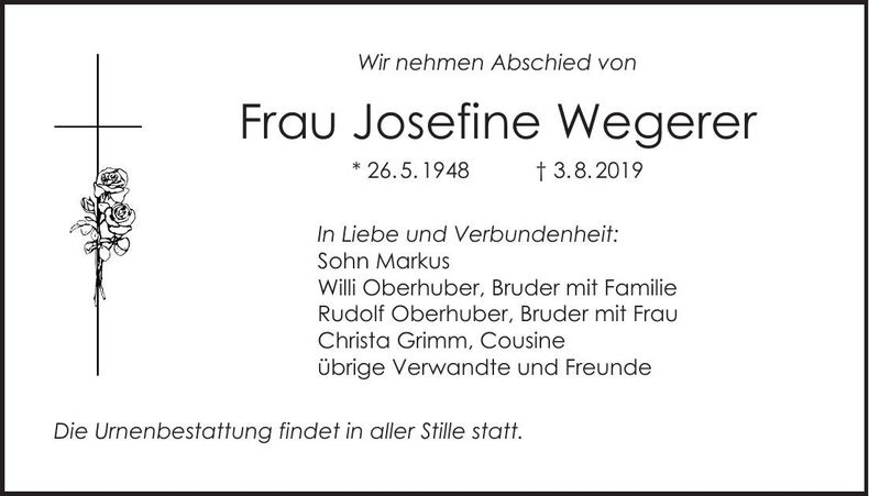 Traueranzeige Josefine Wegerer