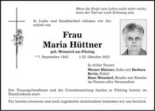 Traueranzeige Maria Hüttner