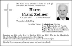 Traueranzeige Franz Zollner