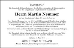 Traueranzeige Martin Nemmer