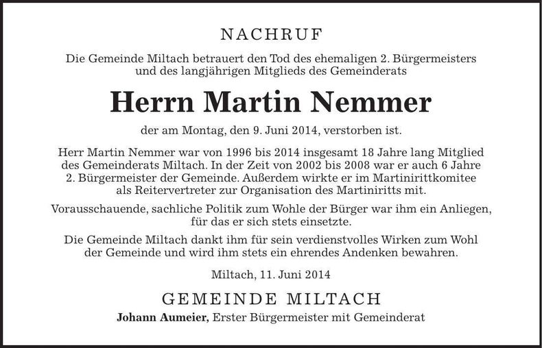 Traueranzeige Martin Nemmer