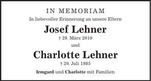 Traueranzeige Josef und Charlotte Lehner