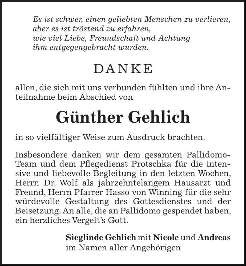 Traueranzeige Günther Gehlich