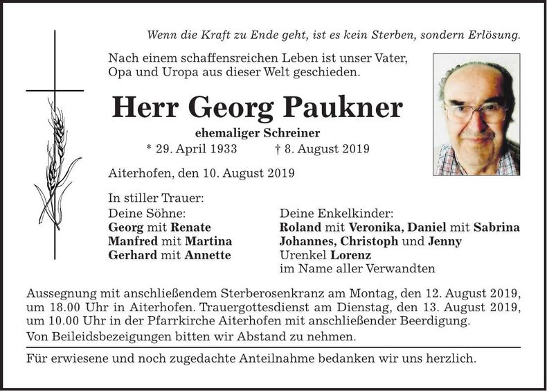 Traueranzeige Georg Paukner