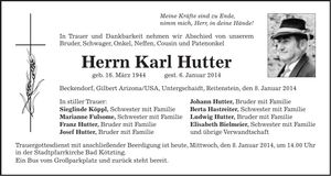 Traueranzeige Karl Hutter