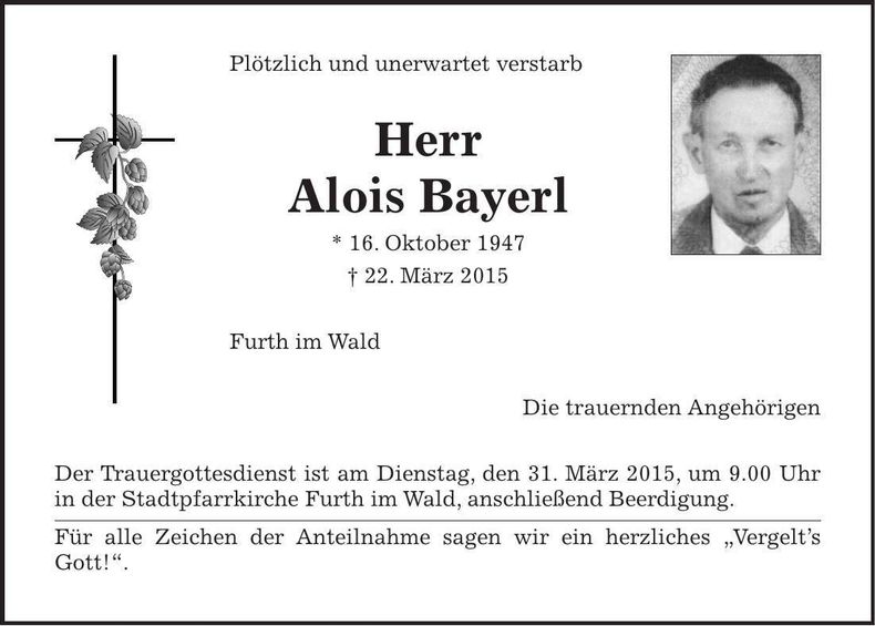 Traueranzeige Alois Bayerl