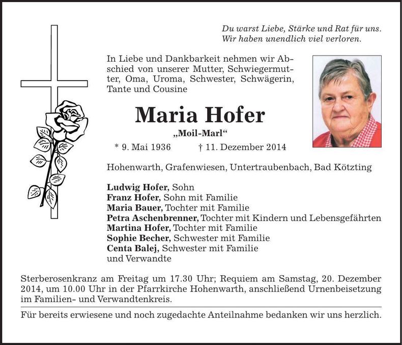 Traueranzeige Maria Hofer