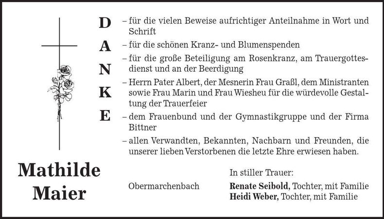 Traueranzeige Mathilde Maier