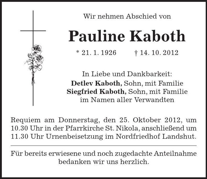 Traueranzeige Pauline Kaboth