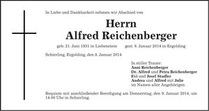 Traueranzeige Alfred Reichenberger