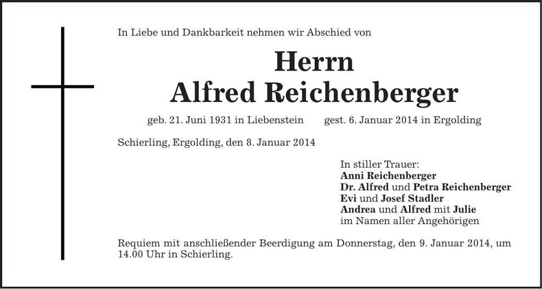 Traueranzeige Alfred Reichenberger