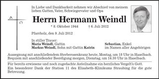 Traueranzeige Hermann Weindl