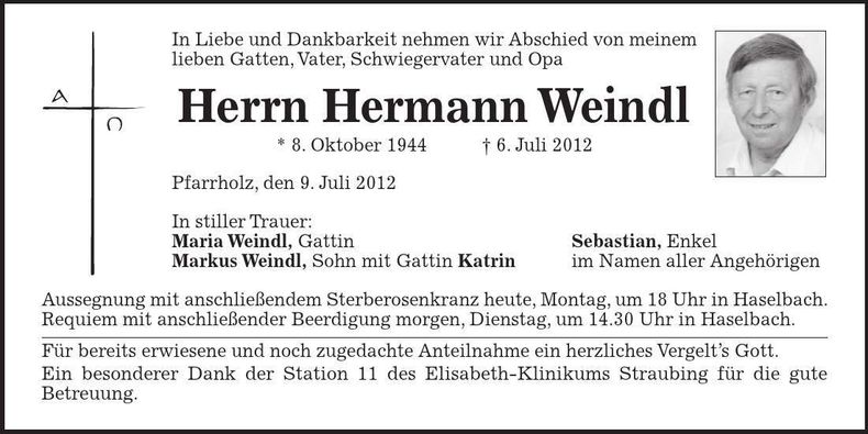 Traueranzeige Hermann Weindl