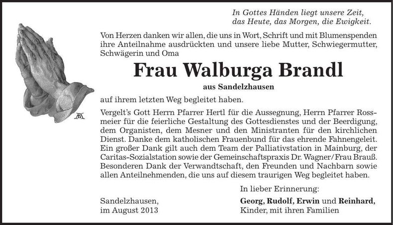 Traueranzeige Walburga Brandl