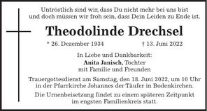 Traueranzeige Theodolinde Drechsel