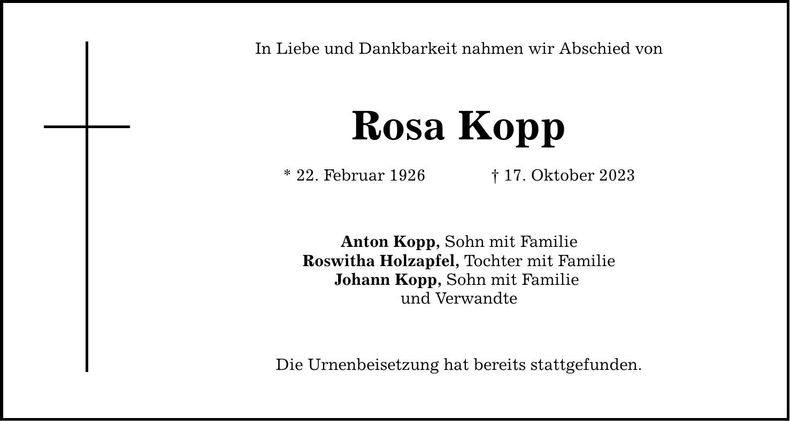 Traueranzeige Rosa Kopp