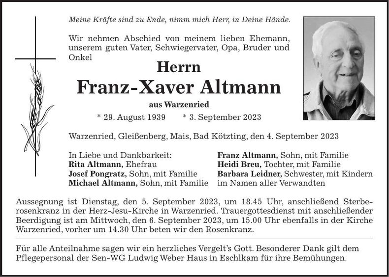Traueranzeige Franz-Xaver Altmann