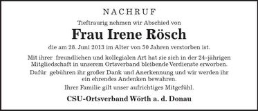 Traueranzeige Irene Rösch