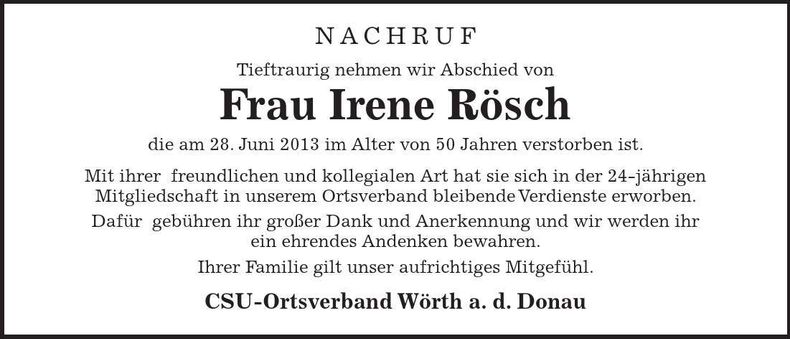Traueranzeige Irene Rösch