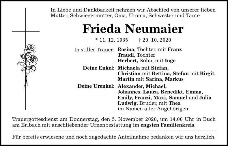 Traueranzeige Frieda Neumaier