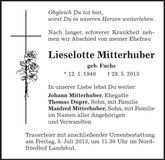 Traueranzeige Lieselotte Mitterhuber