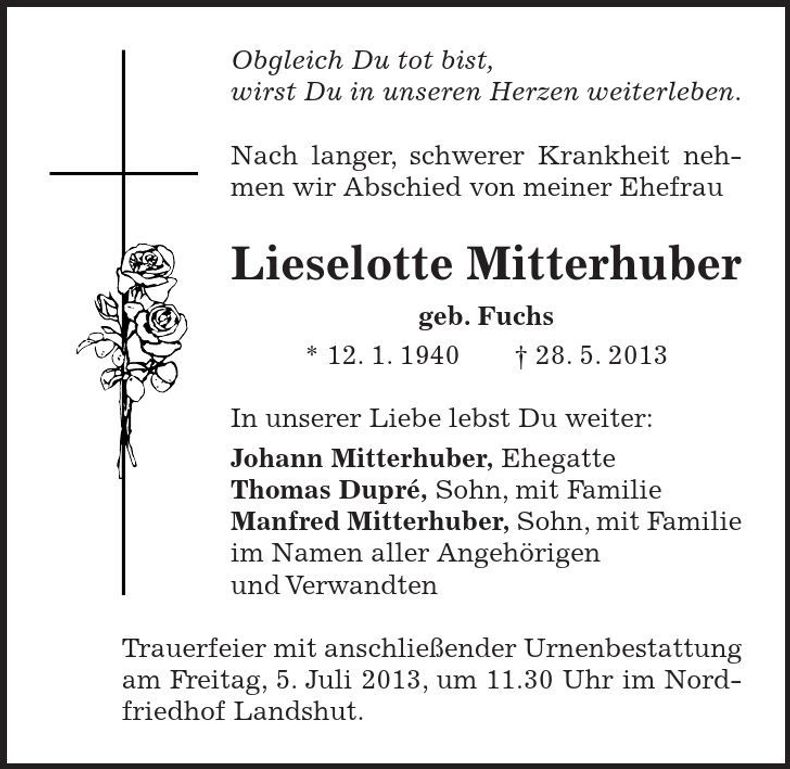 Traueranzeige Lieselotte Mitterhuber
