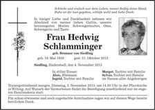 Traueranzeige Hedwig Schlamminger