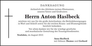 Traueranzeige Anton Haslbeck